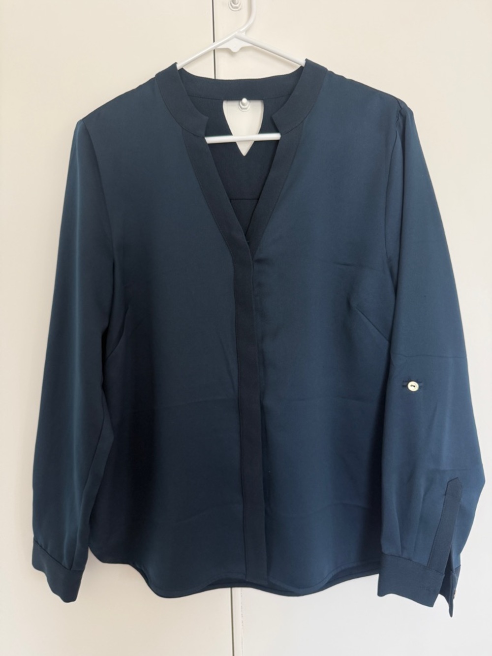 Elizabeth & Clarke Unstainable Silk Navy V-Neck Long Sleeve Top